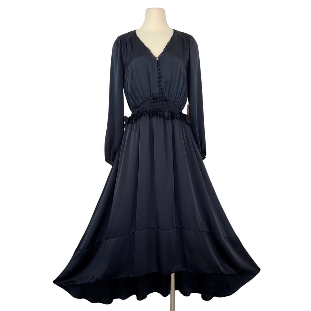 Monique Lhuillier ML Navy Satin Dress High-Low Long Sleeve V-Neck 4 NWT